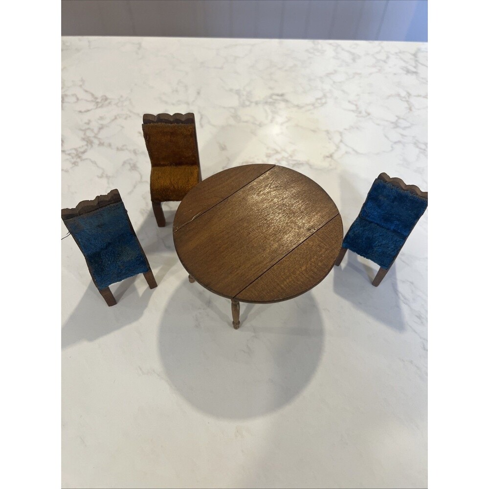 Vintage Dollhouse Miniatures SHACKMAN Table 3 Chairs Wood Furniture